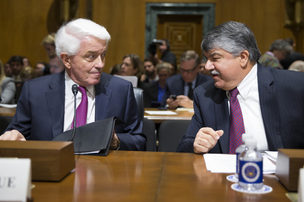 AFL-CIO President Richard Trumka, right, talks with U.S. Chamber of Commerce President Tom Donohue on Tuesday. Major labor unions and business groups clashed over President Obama’s bid for “fast track” authority to advance trade deals.