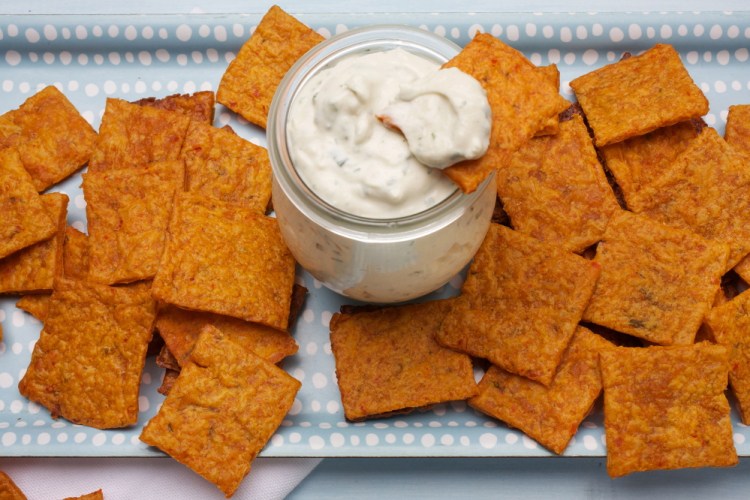 Kimcheez-its with Blue Cheese Dip: Momfuku Milk Bar pastry chef Christina Tosi is a big fan of Cheez-Its and took on the personal challenge of creating a snack “with a sense of scratch.”