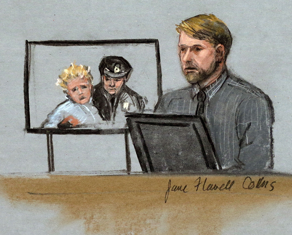 In this courtroom sketch, Boston Marathon bombing survivor Steve Woolfenden is depicted on the witness stand beside a photo of his injured son Leo being carried to safety during the penalty phase in the trial of Boston Marathon bomber Dzhokhar Tsarnaev.