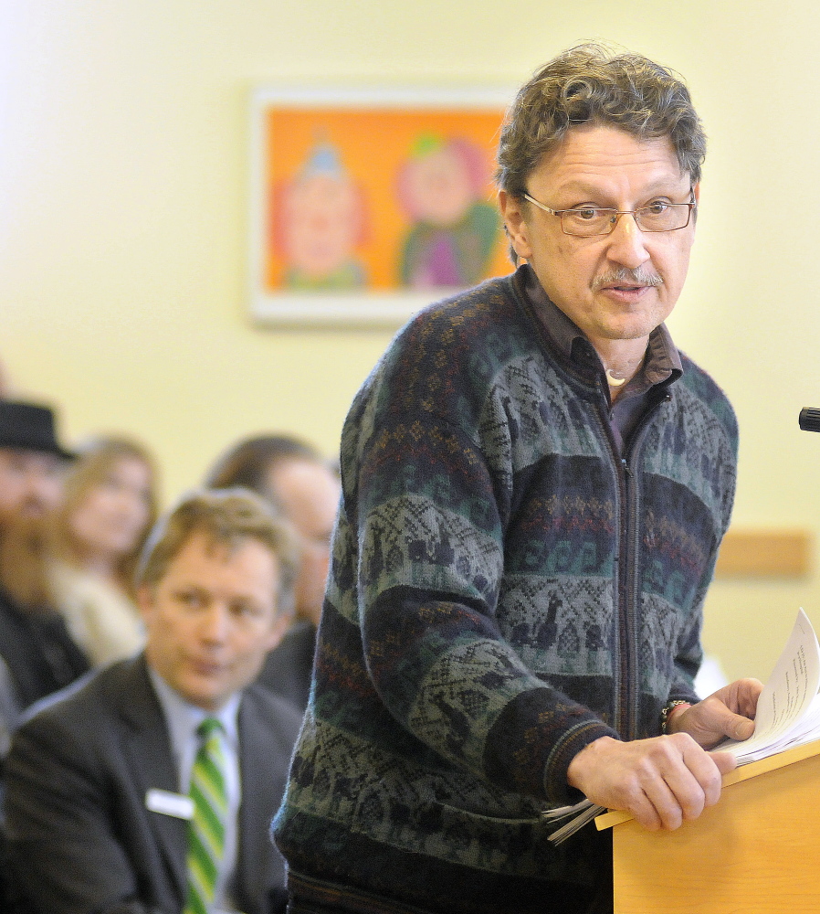 Dr. John Woytowitz speaks about a proposal to allow patients to use medical marijuana during hospital stays, during a hearing at the State House in Augusta on Monday.