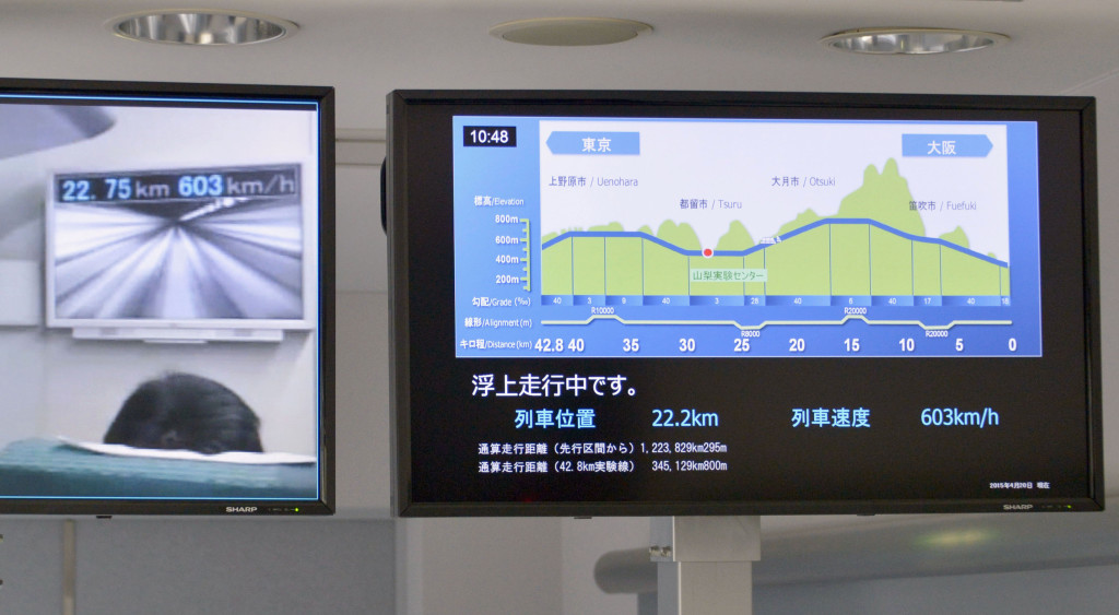 Monitors at the Maglev Test Line Center show the a train breaking its own speed record by reaching 375 miles per hour. The Associated Press / Kyodo News, Katsuya Miyagawa