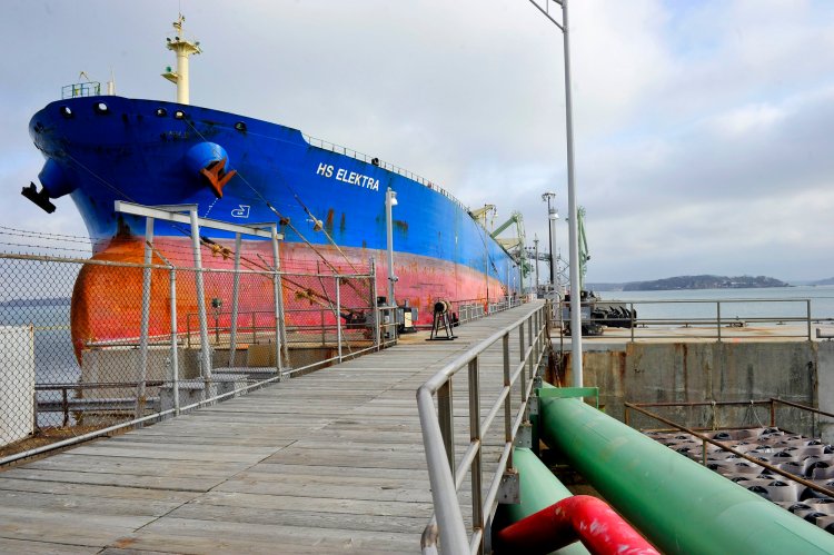 An oil tanker unloads cargo at the Portland Pipe Line terminal in South Portland. An environmental group wants to stop oil tankers carrying so-called "tar sands" crude oil in U.S. waters.   2013 Press Herald File Photo/John Ewing