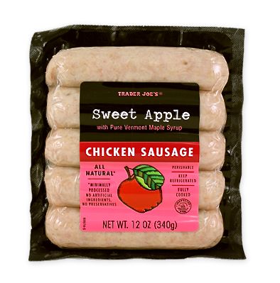 A 12-ounce package of Trader Joe's Fully Cooked All Natural Chicken Sweet Apple Sausages.