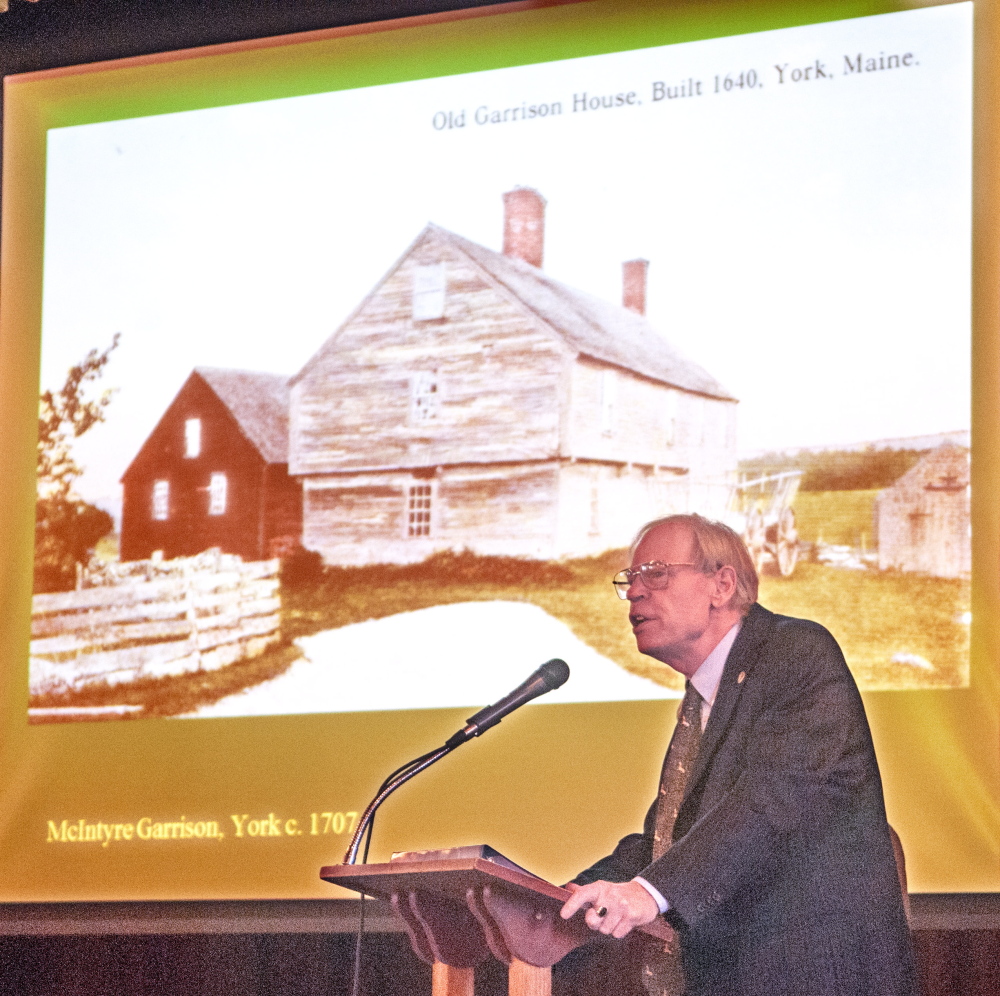 Earle Shettleworth, director of Maine Historic Preservation Commission and Maine’s state historian, talks about one of the earlier styles of historic architecture in Maine during a presentation Saturday at the Governor Hill Mansion in Augusta.