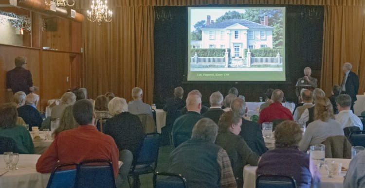 Chris Glass, architect, lecturer and author, left, and Earle Shettleworth, director of the Maine Historic Preservation Commission and Maine’s state historian, present a lecture on the major styles and influences of historic architecture in Maine during a presentation Saturday at the Governor Hill Mansion in Augusta.