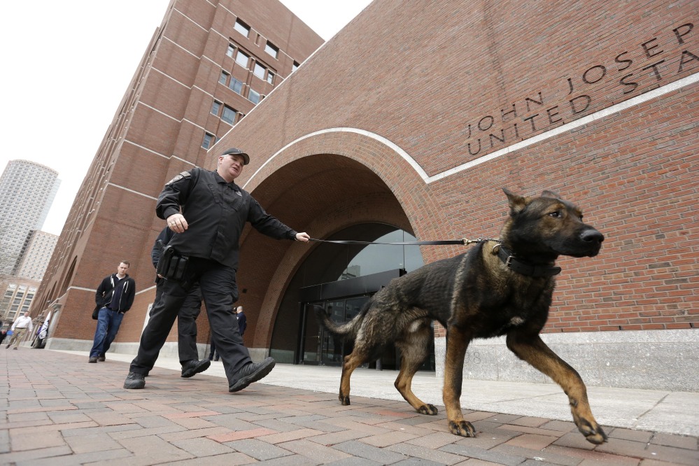 Police patrol outside federal court in Boston Thursday, during the penalty phase in the trial of Dzhokhar Tsarnaev.