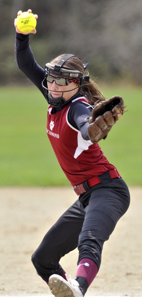 Richmond pitcher Meranda Martin throws to the plate during a game against Greenville on Saturday at the Burney-Gardner Community Memorial Athletic Complex in Richmond.