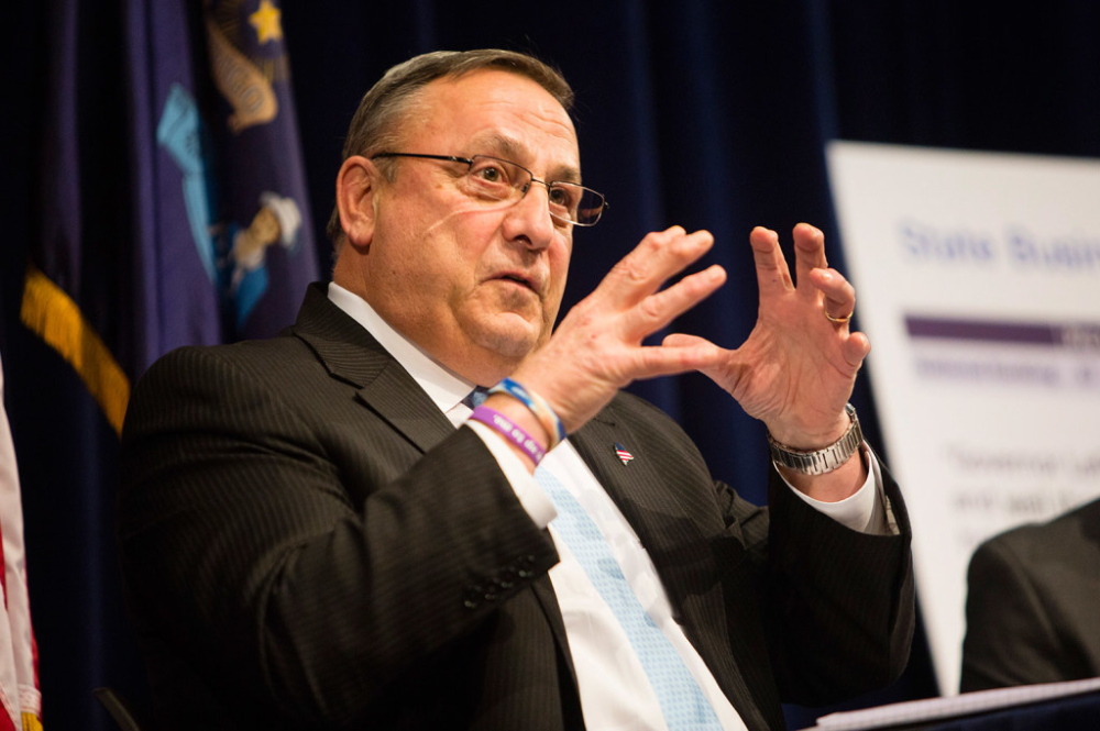 Governor Paul LePage addresses a crowd during a Town Hall style meeting in Westbook in February.  The governor is conducting the meetings to try to build support for his state tax restructuring proposal.