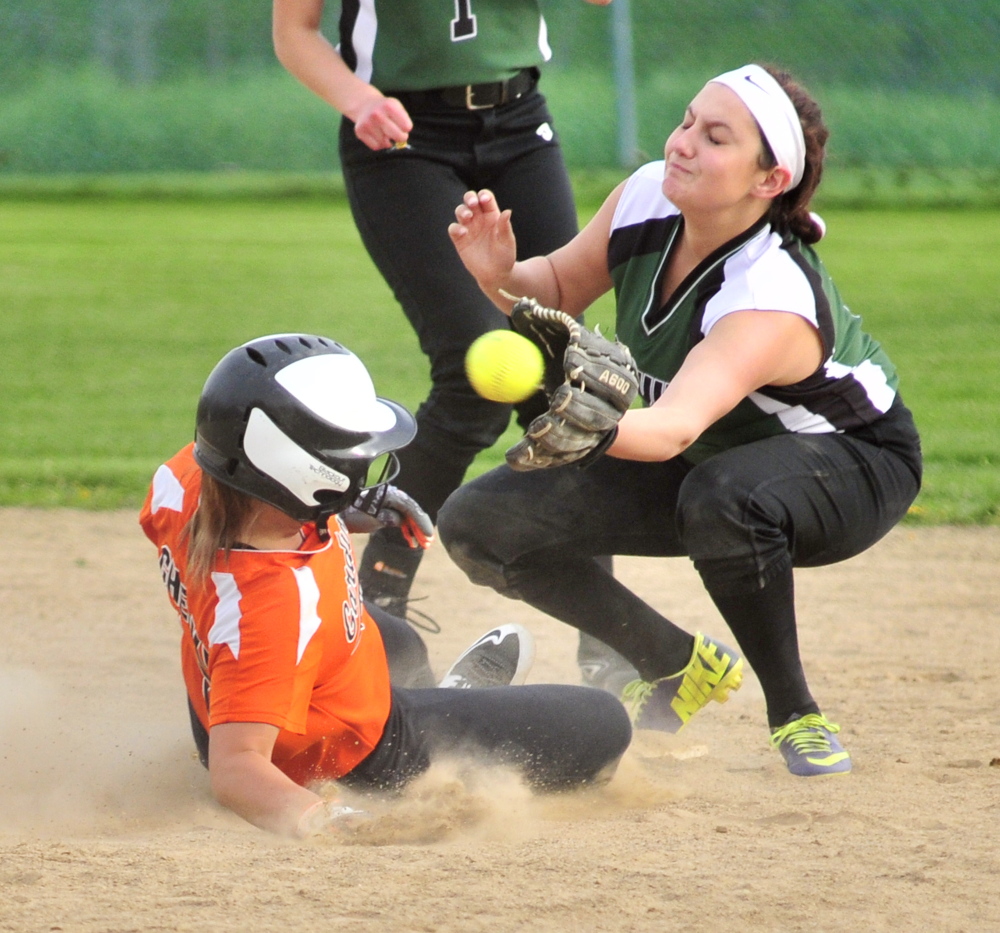 Gardiner baserunner Lilly Chepke beats the throw to Leavitt’s Delanie Strout at second base during a game Friday at Somerville Field in Gardiner.