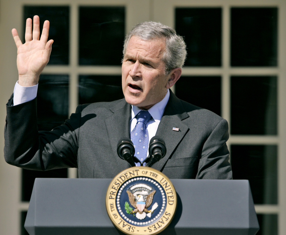 In this April 3, 2007 photo, President Bush speaks about the congressional debate on Iraq war spending, in Rose Garden of the White House in Washington. A dozen years later, American politics has finally reached a rough consensus about the Iraq War: It was a mistake.