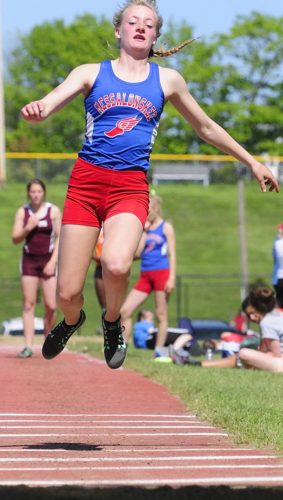 Messalonskee’s Taylor Lenentine competes in triple jump during the Kennebec Valley Athletic Conference Class A championships last year in Bath.