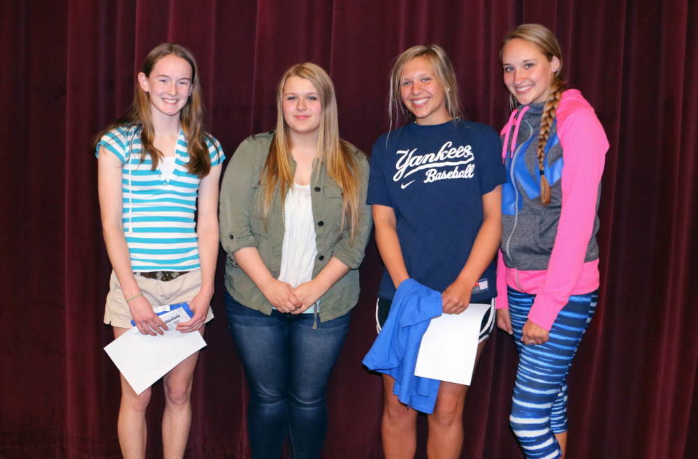 Messalonskee High School has announced its April Students of the Month. They are freshman Alyssa Turner, sophomore Lydia Dexter, junior Olivia Jewell and senior Lucy Guarnieri.
These students were chosen for their academic improvement/excellence and their contribution to the Messalonskee school community. The students were nominated by MHS faculty members and chosen by the school’s Culture Committee and Leadership Team, according to a news release from the high school. The students’ pictures will be on display. In addition, they will receive preferential parking at the school as well as a variety of items donated by local businesses that support Messalonskee’s goal of honoring excellence in the school. From left, are Guarnieri, Jewell, Dexter and Turner.