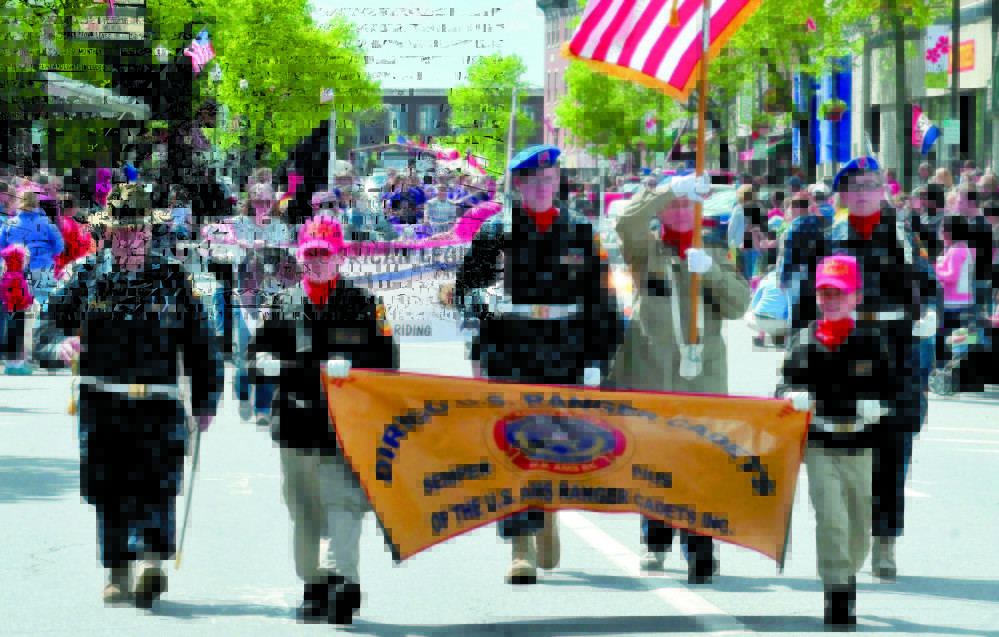 Members of the Dirigo U.S. Ranger Cadets joined veterans organizations, marching bands, fire departments and other groups during the 2013 Memorial Day paraade through downtown Waterville. Marchers gather for Monday’s parade at 10 a.m. at Head of Falls and will proceed south on Front Street, then north on Main Street. The streets will close 15 minutes before the parade begins.