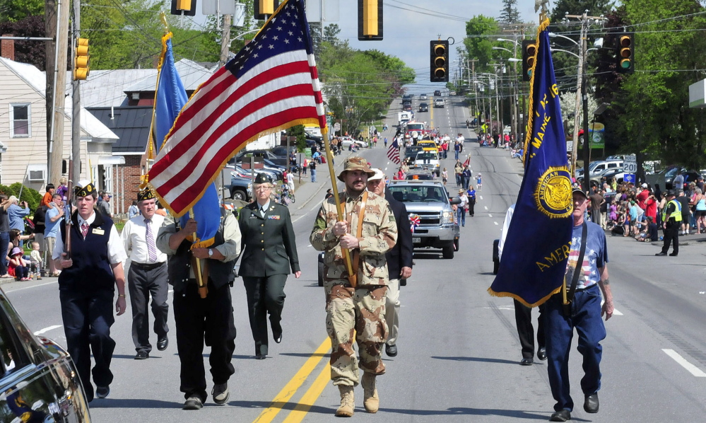 The color guard leads the Memorial Day parade in Skowhegan last year. This year’s parade begins at 10 a.m., beginning on Dyer Street.