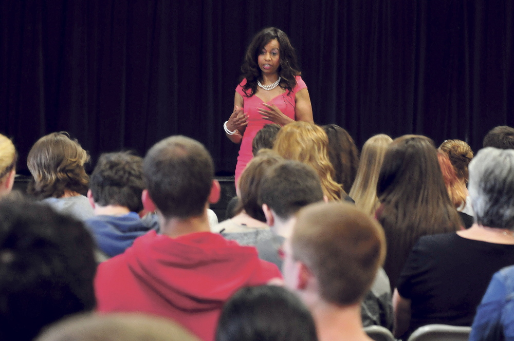 Global Forum speaker Yvonne Davis addresses students Wednesday at Erskine Academy in South China.