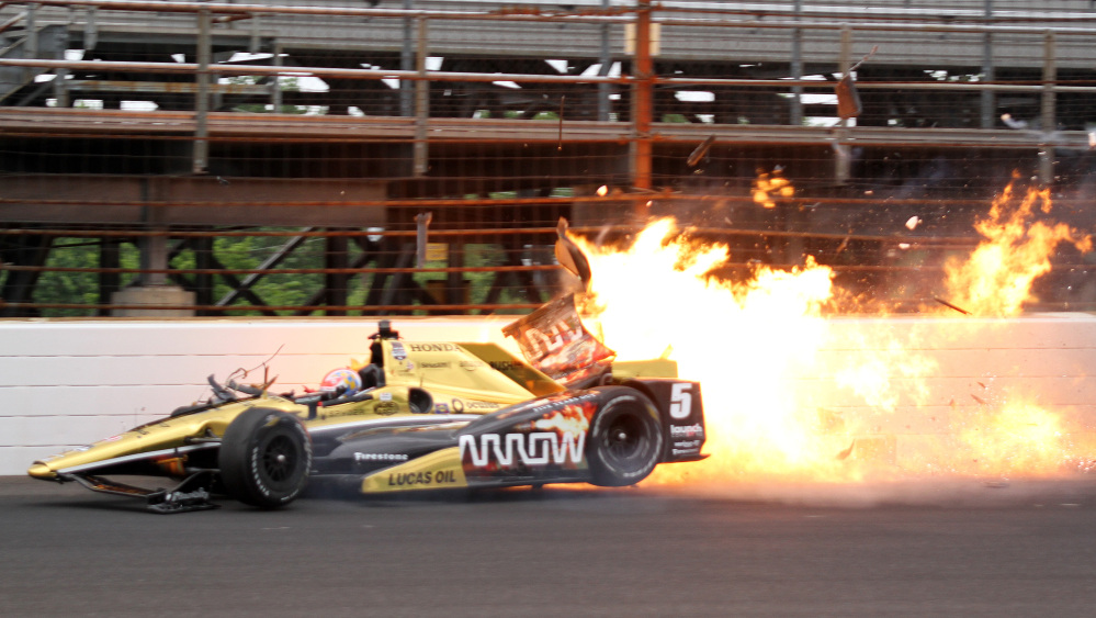 James Hinchcliffe hits the wall in the third turn during practice for the Indianapolis 500 last week. Safety issues are still a concern heading into the race.