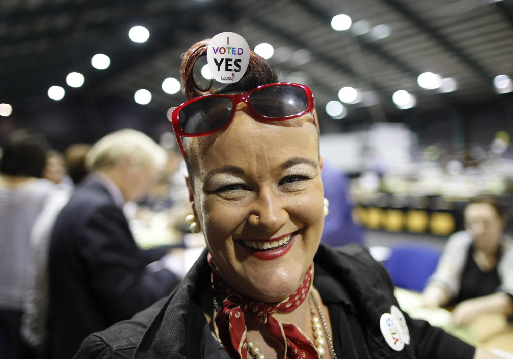 Tally counter Rhonda Donaghy is seen at the RDS count centre, Dublin, Ireland, Saturday.