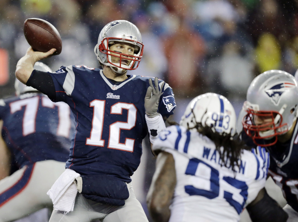 In this Jan. 18, 2015, file photo, New England Patriots quarterback Tom Brady (12)  passes against the Indianapolis Colts during the second half of the NFL football AFC Championship game in Foxborough, Mass.