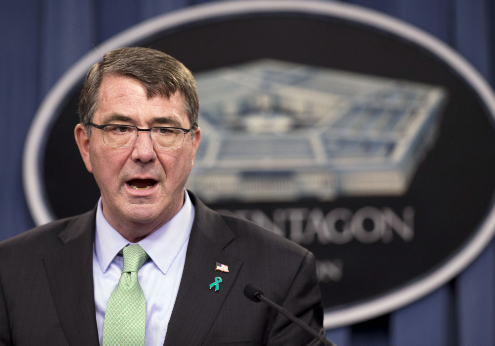 In this May 1, 2015 file photo, Defense Secretary Ash Carter speaks during a news conference at the Pentagon in Washington.