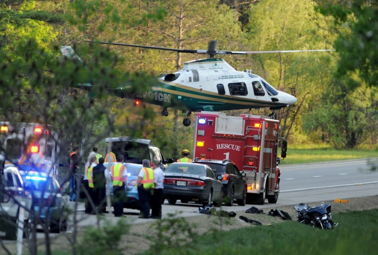 State police along with Waterville and Sidney fire departments responded to a motorcycle accident at mile 120 southbound on Interstate 95 on Sunday. Michael Tracy, 59, of Waldoboro, suffered life-threatening injuries and was transported to Eastern Maine Medical Center in Bangor by LifeFlight helicopter.