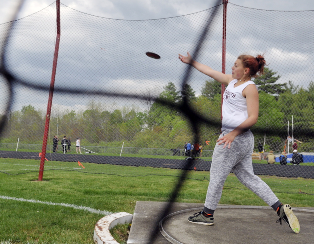 Monmouth’s Mahalia Hayden throws the discus during the annual Capital City Classic at Cony High School last Friday.