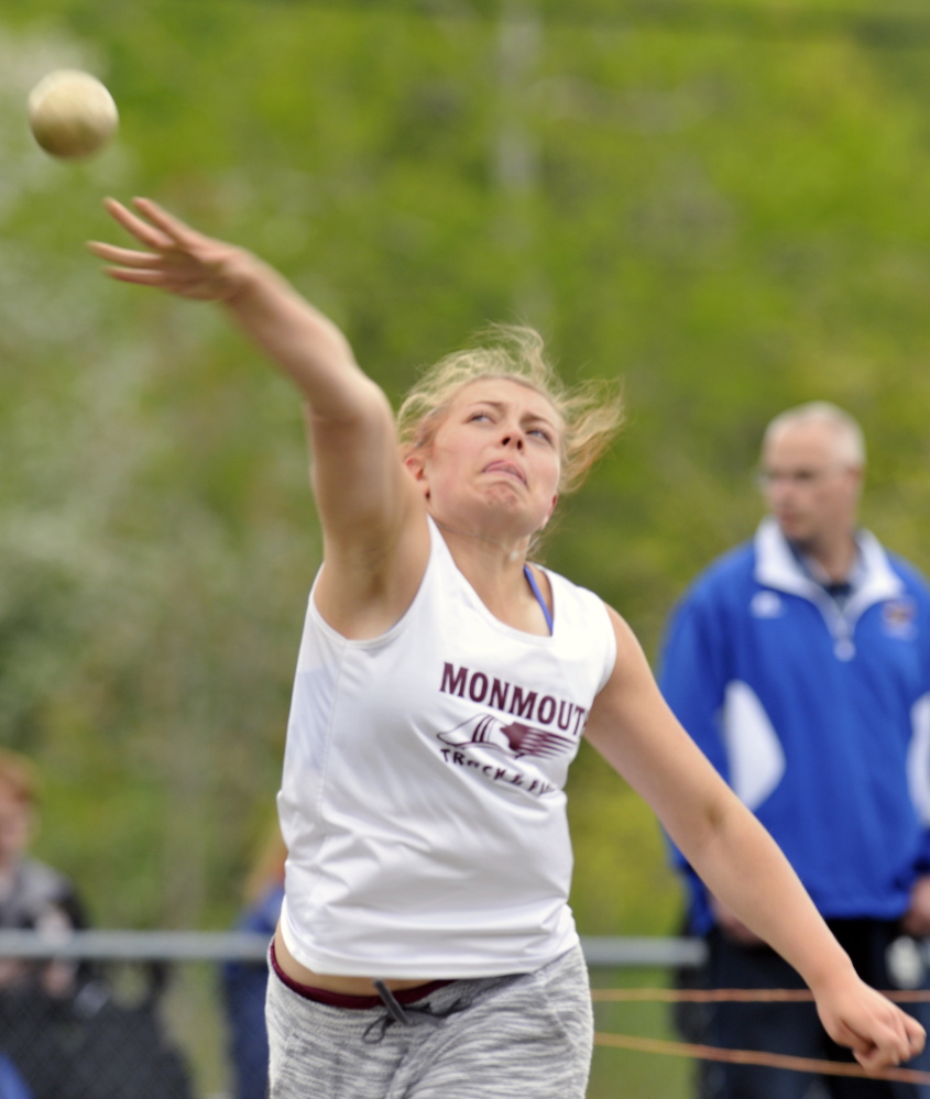 Monmouth’s Mahalia Hayden throws the shot put during the Capital City Classic at Cony High School last Friday.