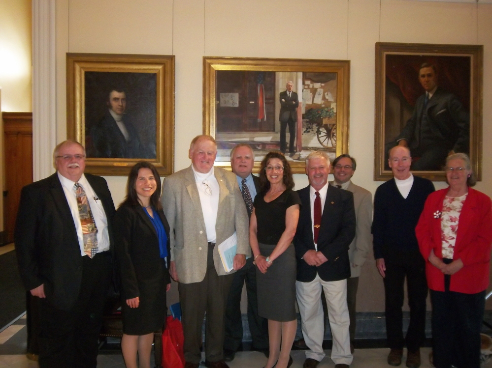 The Maine Spirit of America Foundation Recognition Ceremony recently was held at the Hall of Flags at the Capitol in Augusta. More than 70 people from across the state, that included seven counties, were recognized for their volunteer efforts. Directors and guest speakers from left are Roger Pomerleau, Spirit of America Foundation director; Maeghan Maloney, district attorney for Kennebec and Somerset counties and foundation director; Terrance McCabe, foundation president; guest speaker C. Wayne Mitchell, professional motivational speaker; Amy Fowler, county commissioner for Waldo County and foundation director; David Worthing, foundation vice president and chairman of this event; guest speaker Chuck Mahaleris, staff assistant for Sen. Susan M. Collins, R-Maine; Bruce Flaherty, foundation founding father; and Irene Belanger, foundation director. Guest speakers also included Sen. Roger Katz, R-Augusta, and Don Brown, a radio announcer for 40-plus years.
