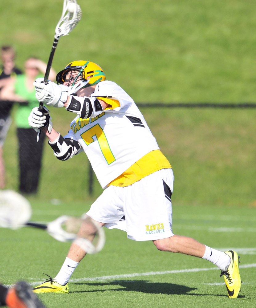 Maranacook/Winthrop’s Bailey Clark shoots and scores during a game against Gardiner on Friday on Huard Field at Kents Hill School in Kents Hill.