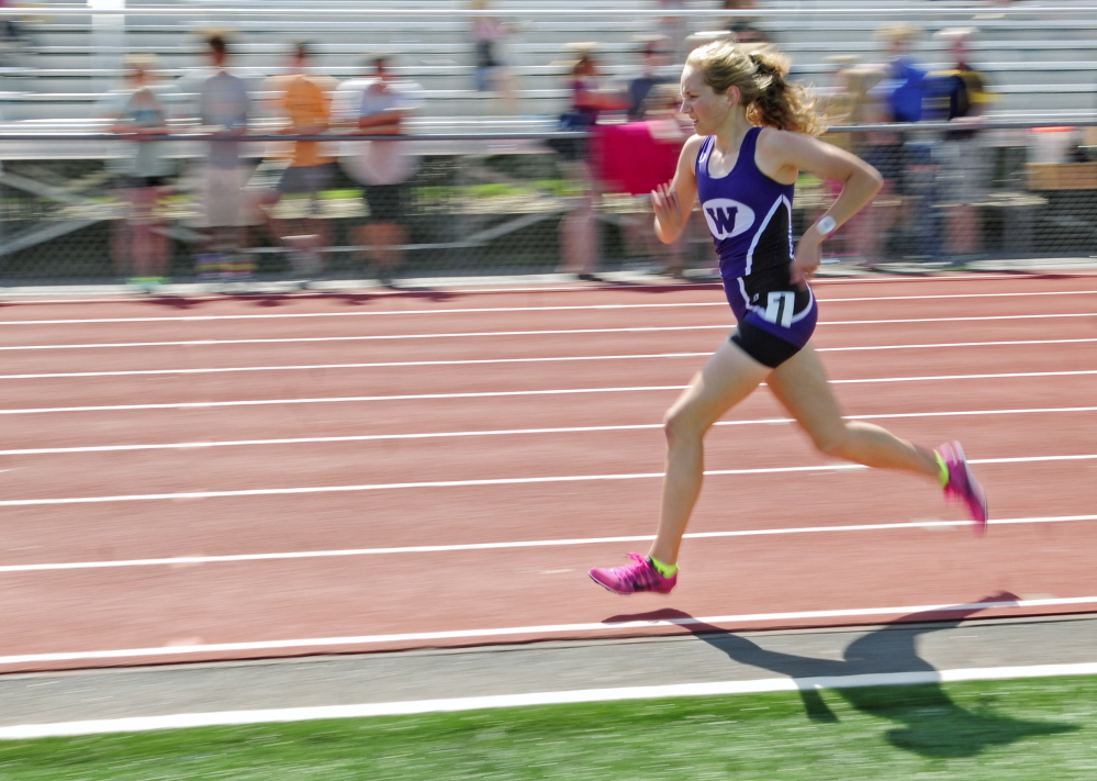 Waterville’s Lauren Brown runs the 3200 meters during the KVAC track meet.