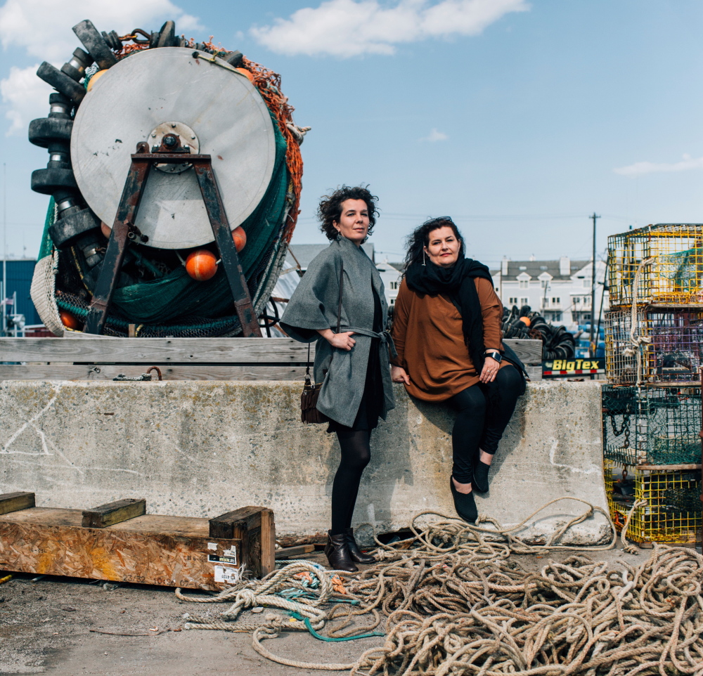 Icelandic journalists Kolfinna Baldvinsdottir, left, and Vilborg Einarsdottir on Chandlers Wharf in Portland. The two are in Maine looking for support for their Web-based magazine for North Atlantic coastal residents affected by climate change.