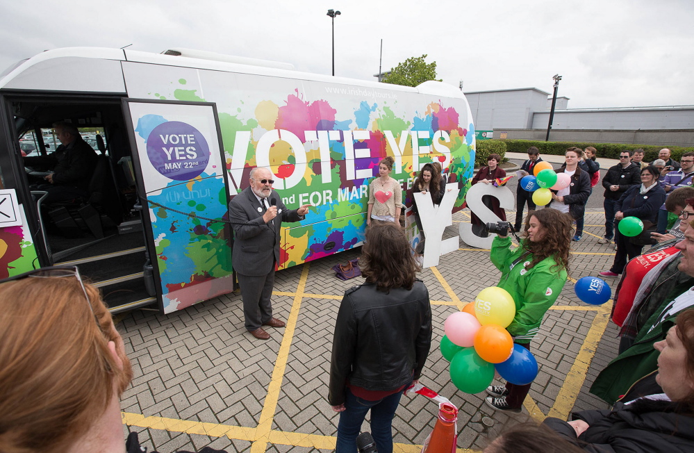 Sen. David Norris campaigns Thursday at the “Yes Bus” stop at a shopping center in Dublin, Ireland. On Friday, Ireland could become the first country in the world to legalize same-sex marriage by popular vote.