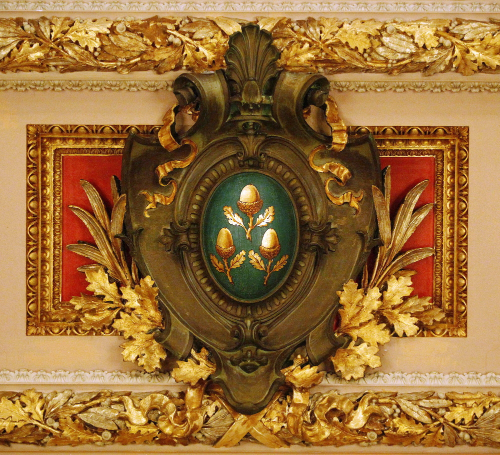 The Vanderbilt family crest adorns the ceiling of the Great Hall of The Breakers, a 70-room summer estate  built by former New York Railroad magnate Cornelius Vanderbilt II in Newport, R.I. Twenty-one Vanderbilt family members had signed a letter raising concerns about how the mansion is being managed. Donald Ross, board chairman at the Preservation Society of Newport County, said in a May 9, 2015 memo that in the past five years, the signers had contributed only $4,000 total. He also said most of the family members’ items displayed at The Breakers are not very significant.