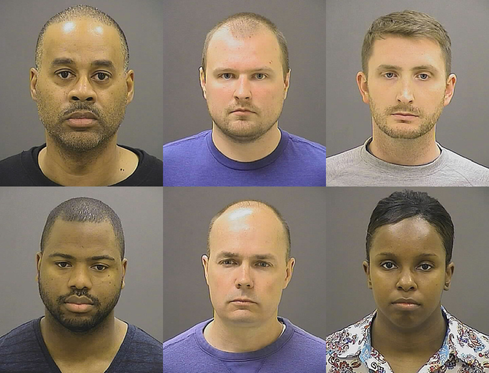 These Baltimore police officers, top row from left, Caesar R. Goodson Jr., Garrett E. Miller and Edward M. Nero, and bottom row from left, William G. Porter, Brian W. Rice and Alicia D. White, were charged with felonies ranging from assault to murder in the police-custody death of Freddie Gray. A judge acquitted three of the six officers charged in the case. A fourth had his case heard by a jury, but the panel deadlocked and the judge declared a mistrial. Charges against the final two were dropped Wednesday.