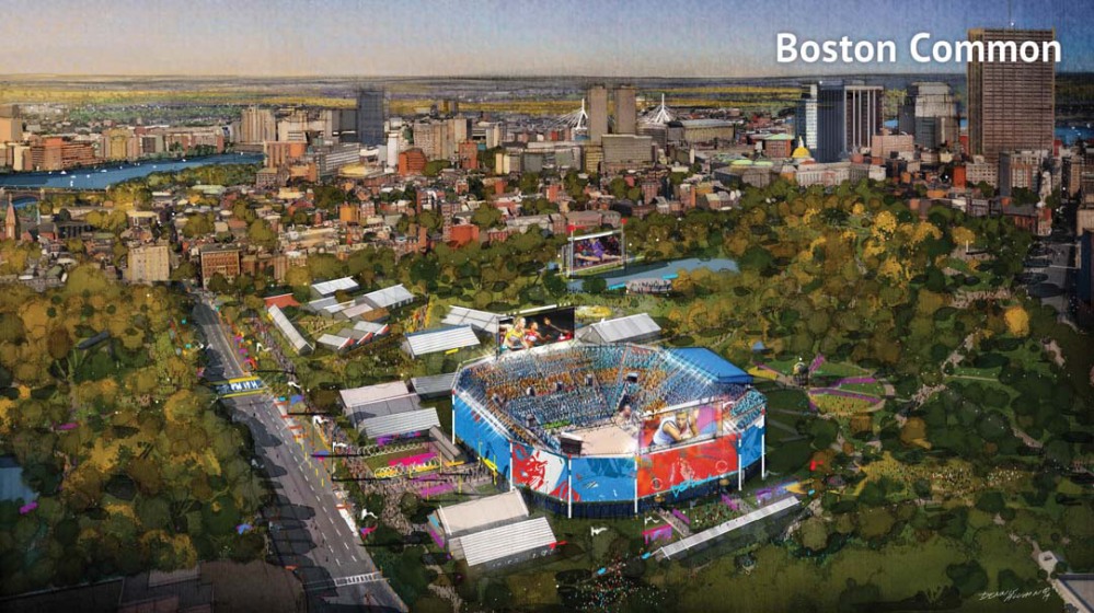 A rendering from the Boston 2024 bid documents shows a proposed Olympics volleyball venue located on the Boston Common.