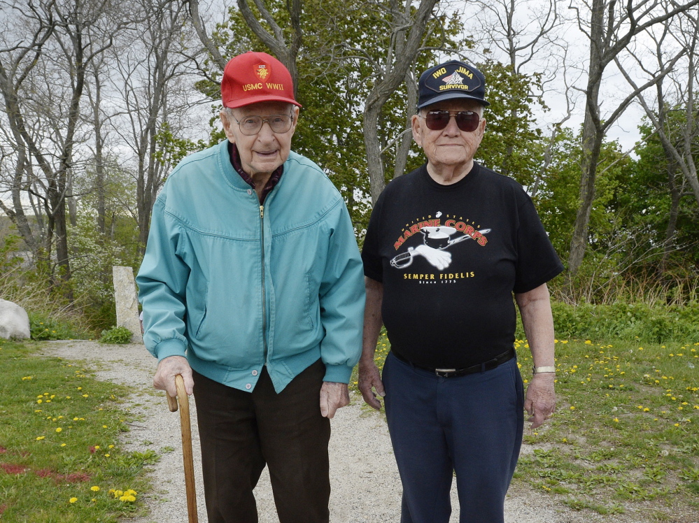 World War II veterans Fred Jeffery of Portland, left, and Roy Earle of Norway both served in the Pacific during World War II. Jeffery saw action on Okinawa and Earle was at Iwo Jima.