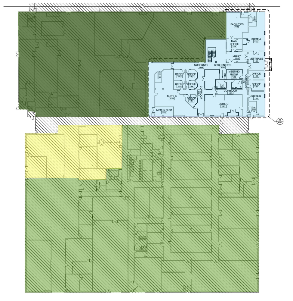 TechPlace’s floor plan: Green areas are individual manufacturing space, blue is shared office space, yellow is shared manufacturing space.