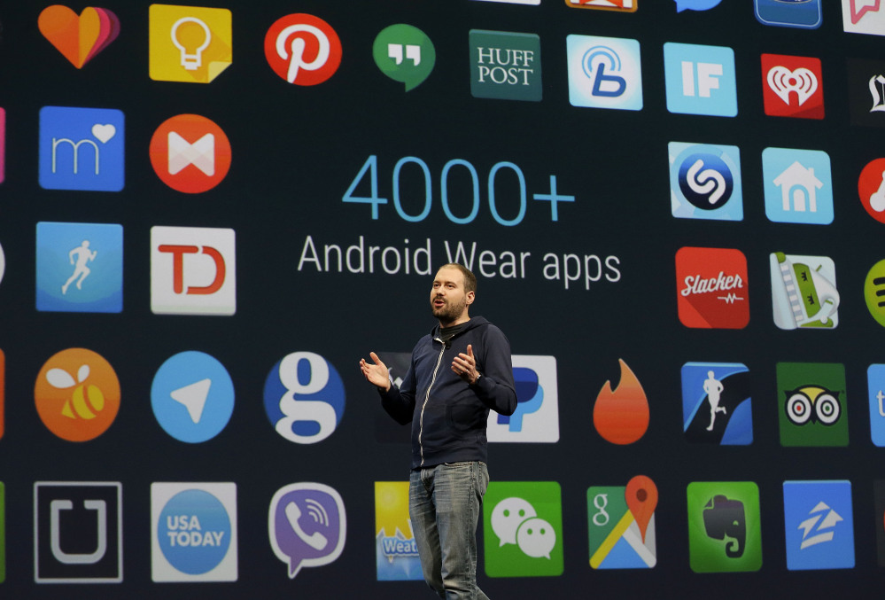David Singleton, director at Android Wear, speaks Thursday at Google’s annual developers conference in San Francisco. The Android operating system holds about an 80 percent share of the world smartphone market.