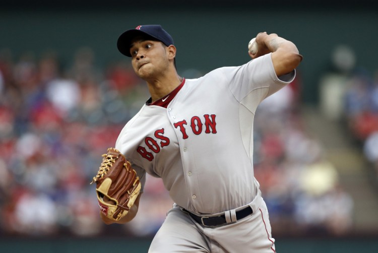 Red Sox starting pitcher Eduardo Rodriguez, making his major league debut, works against the Texas Rangers in the first inning Thursday night in Arlington, Texas. Rodriguez shut out the Rangers on just three hits before leaving in the eighth inning.