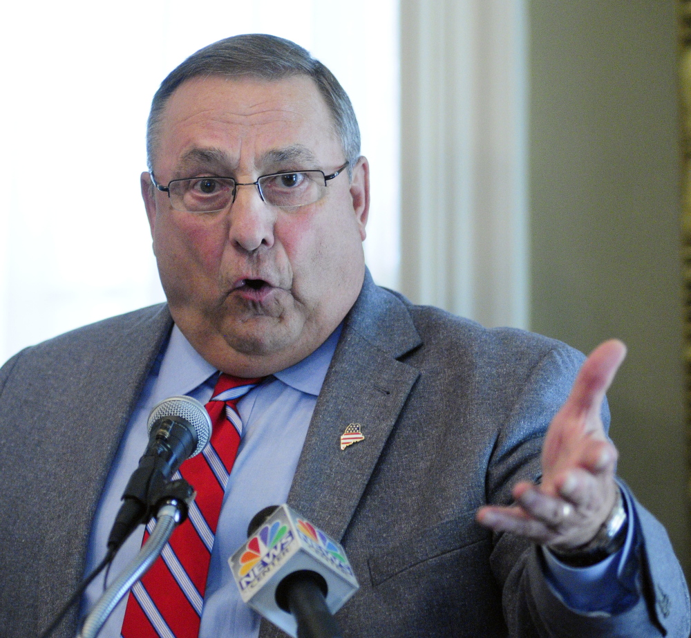 Gov. Paul LePage speaks during a news conference Friday at the Blaine House in Augusta, where he lashed out at Democratic lawmakers.