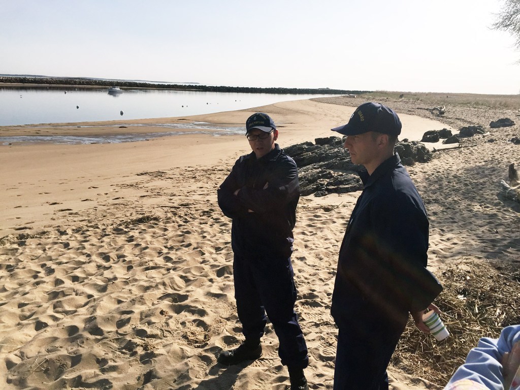 Lt.  David Bourbeau and Chief Hans Schultz view the beach in Biddeford where a man came to shore and reported that two other kayakers were in distress around midnight. Gordon Chibroski/Staff Photographer