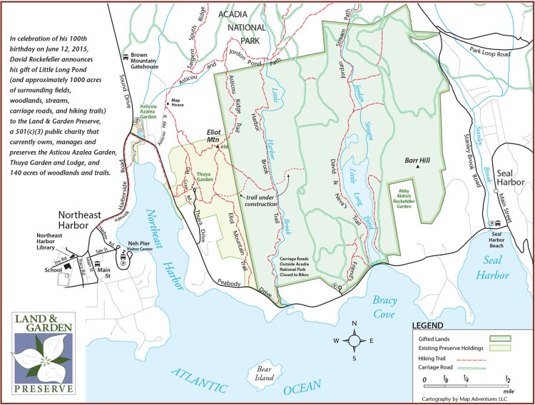 Several Acadia hiking trails, including Asticou Ridge Trail, Harbor Brook Trail, and the Jordan Stream Path, extend into David Rockefeller’s property.
A new trail that cuts across Rockefeller’s land in a west to east direction from Eliot Mountain should be ready to open this summer. Map courtesy of the Land and Garden Preserve