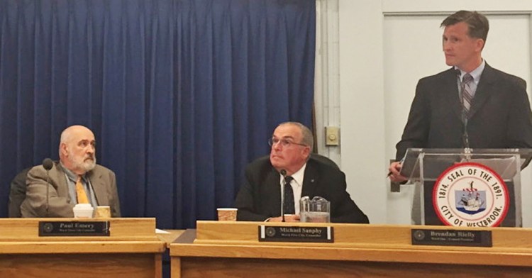 Westbrook City Council President Brendan Rielly, right, stripped Councilor Paul Emery, left, of his chairmanship of the council’s Committee of the Whole on Monday in response to Emery's public remarks last week about Gov. Paul LePage. Photo by Matt Byrne/Staff Writer