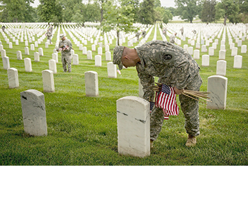 Soldiers from the U.S. Army’s 3rd Infantry Regiment, the Old Guard, place flags at more than 224,000 headstones at Arlington National Cemetery in Arlington, Virginia, on April 21 in preparation for Memorial Day. Illustrates MEMORIALDAY-COMMENT (category k), by Jennie Haskamp, special to The Washington Post. Moved Friday, May 22, 2015. (MUST CREDIT: Photo by Spec. Steven Hitchcock/U.S. Army)