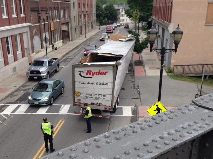 A tractor trailer truck hit the Water Street bridge in Augusta Tuesday morning. Traffic was reduced to one lane for about an hour. 