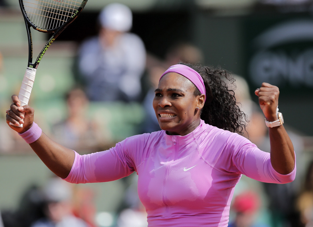 Serena Williams of the U.S. reacts as she defeats compatriot Sloane Stephens during their fourth round match of the French Open tennis tournament at the Roland Garros stadium, Monday, in Paris.