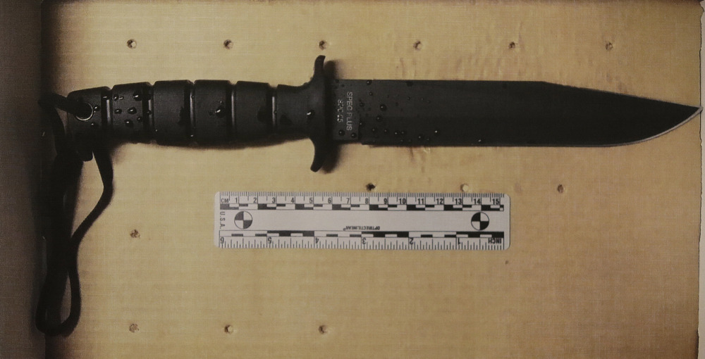 The Associated Press The knife brandished by a man under surveillance by a joint terrorism task force who was shot and killed outside a pharmacy Tuesday is displayed during a news conference at the Boston Police Department Headquarters Tuesday, in Boston.)