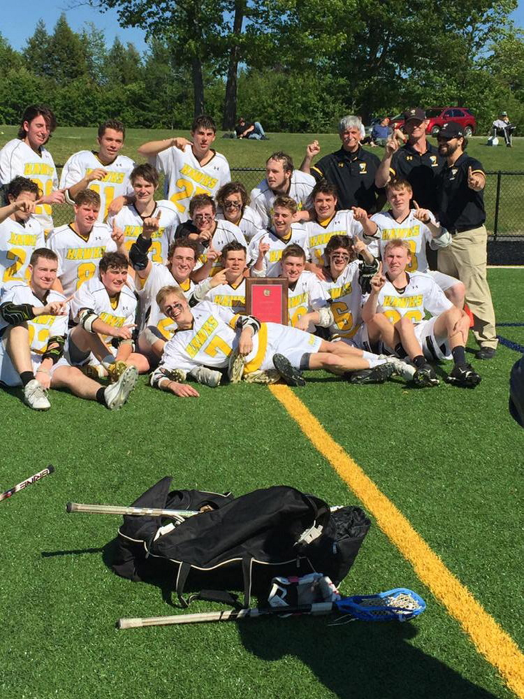 Staff photo by Dave DyerThe Maranacook/Winthrop boys lacrosse team poses with the Kennebec Valley Athletic Conference Class B plaque after beating Gardiner 16-9 on Saturday at Smith Field in Waterville. It’s the second consecutive conference title for the Hawks.