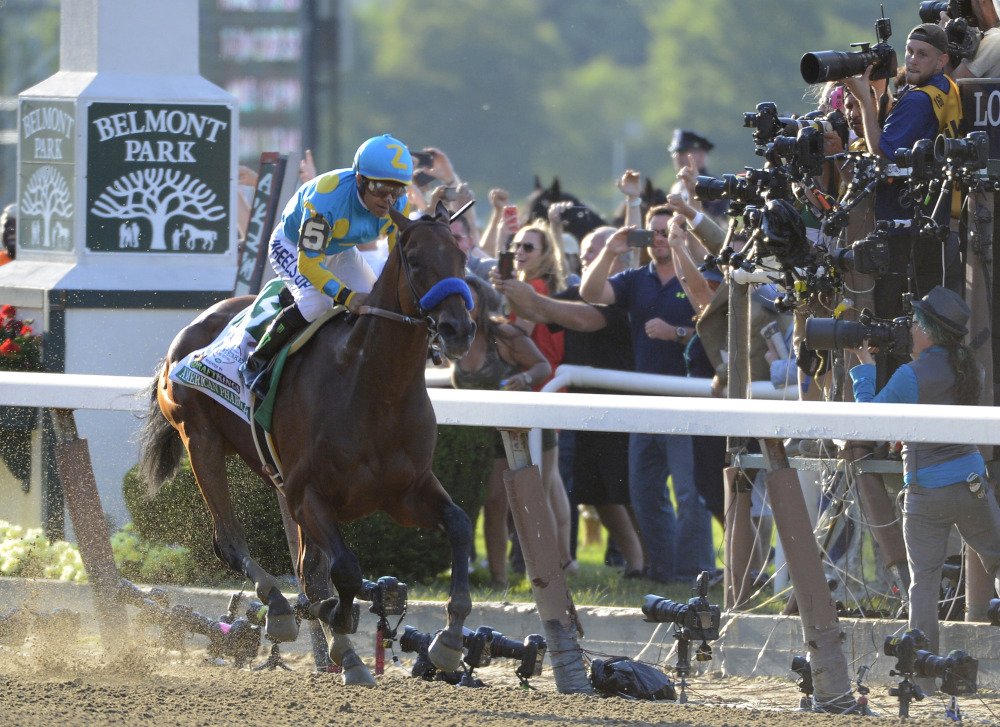 Jockey Victor Espinoza eases up American Pharoah (5) after crossing the finish line to win the 147th running of the Belmont Stakes on Sunday at Belmont Park in Elmont, N.Y. American Pharoah is the first horse to win the Triple Crown since Affirmed won it in 1978.
