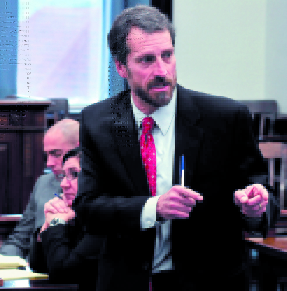 Defense attorney Philip Mohlar makes a point during his closing statements in 2012 in the Robert Nelson murder trial in Somerset County Superior Court in Skowhegan. Mohlar was representing Jason Cote, charged with murder, but Cote has asked that Mohlar be removed from the case, delaying Cote’s trial a third time.