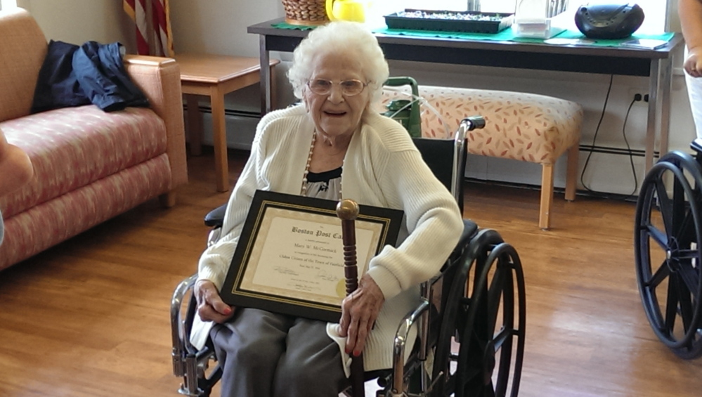 The Town of Fairfield recently presented its Boston Post Cane to Mary “Winnie” McCormick, who recently celebrated her 99th birthday. Fairfield continues the time-honored tradition of presenting the Boston Post Cane to its eldest permanent resident. The tradition of the Boston Post Cane dates to 1909 for the oldest living man, and in 1930 the tradition was expanded to include both men and women. The previous holder of the town’s Boston Post Cane was Eileen Gould, who recently passed at the age of 104.